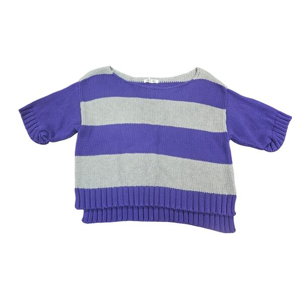 Y2K Revival Cropped Striped Knit Sweater Purple Gray Boxy Ribbed Hem Small - Picture 1 of 6